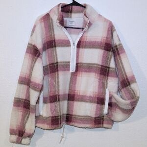 Plaid Quarter-Zip Sweater - Pink and Cream